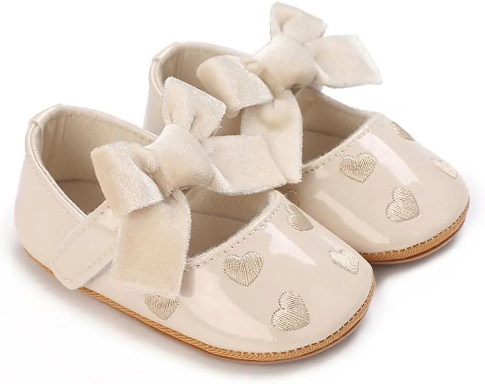 Clowora Infant Toddler Baby Girl Dress Shoes Mary Jane First Walking PU Leather Princess Wedding Rubber Sole Non-Slip with Bowknot Floral Flats