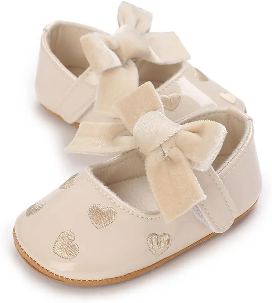 Clowora Infant Toddler Baby Girl Dress Shoes Mary Jane First Walking PU Leather Princess Wedding Rubber Sole Non-Slip with Bowknot Floral Flats