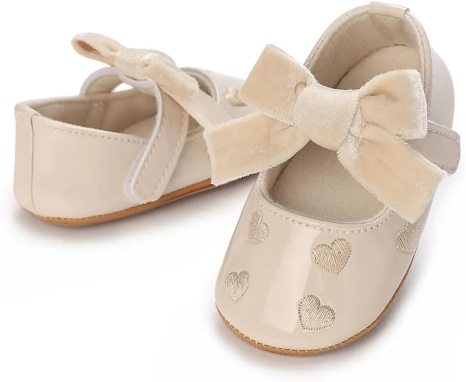 Clowora Infant Toddler Baby Girl Dress Shoes Mary Jane First Walking PU Leather Princess Wedding Rubber Sole Non-Slip with Bowknot Floral Flats