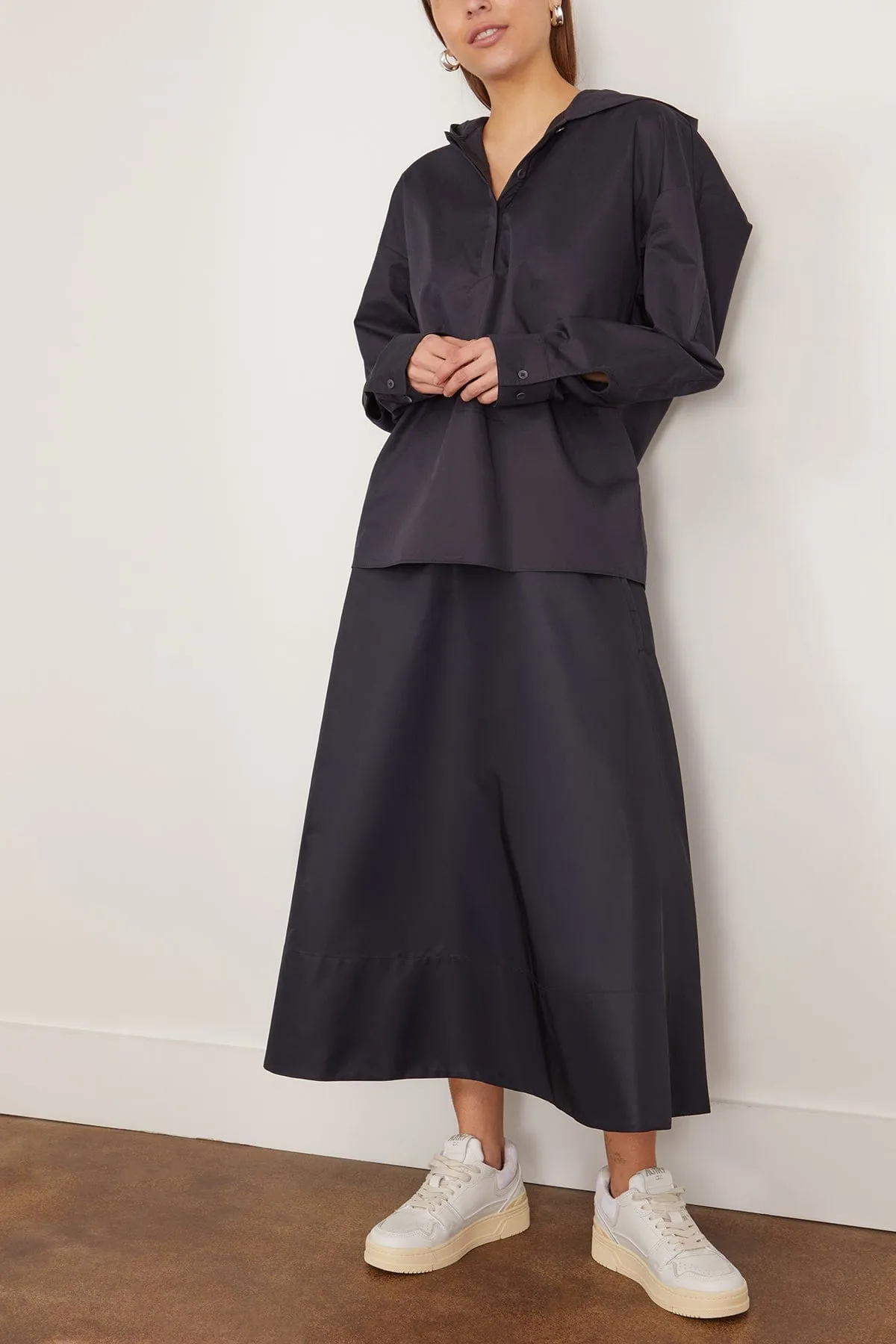 Eco Poplin Hooded Shirt in Navy