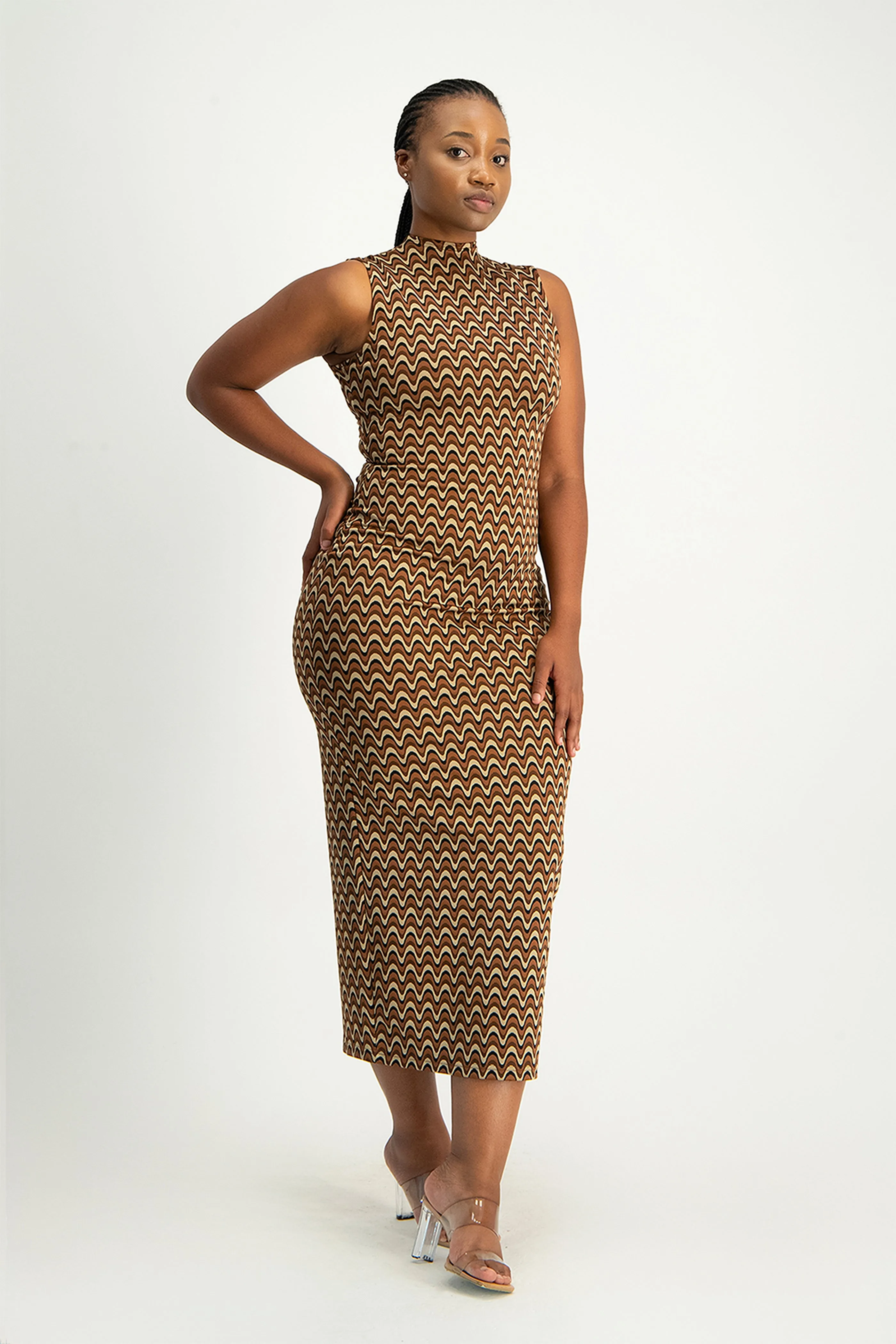 Erin High-Neck Bodycon Dress - Chocolate Wave