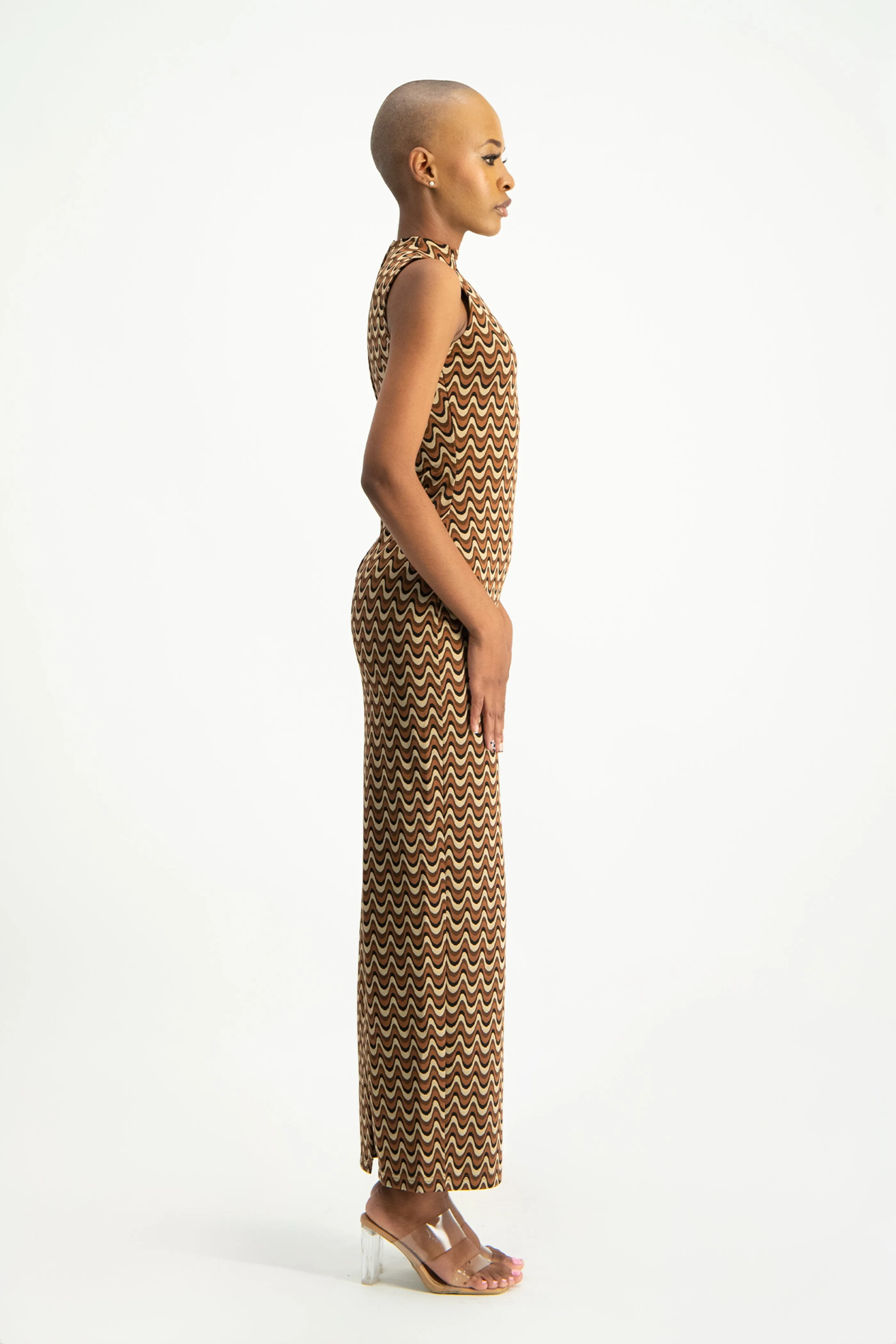 Erin High-Neck Bodycon Dress - Chocolate Wave