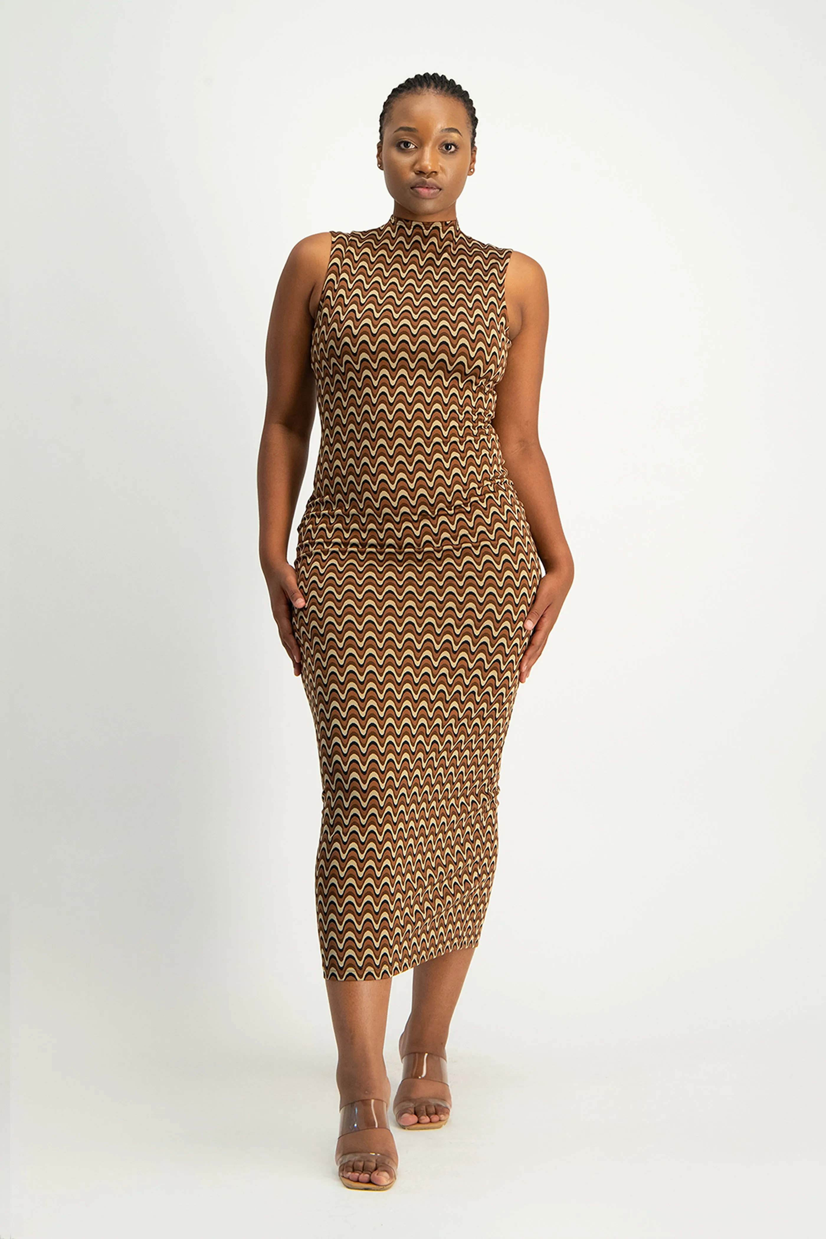 Erin High-Neck Bodycon Dress - Chocolate Wave