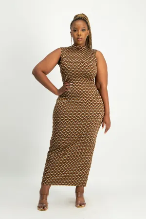 Erin High-Neck Bodycon Dress - Chocolate Wave
