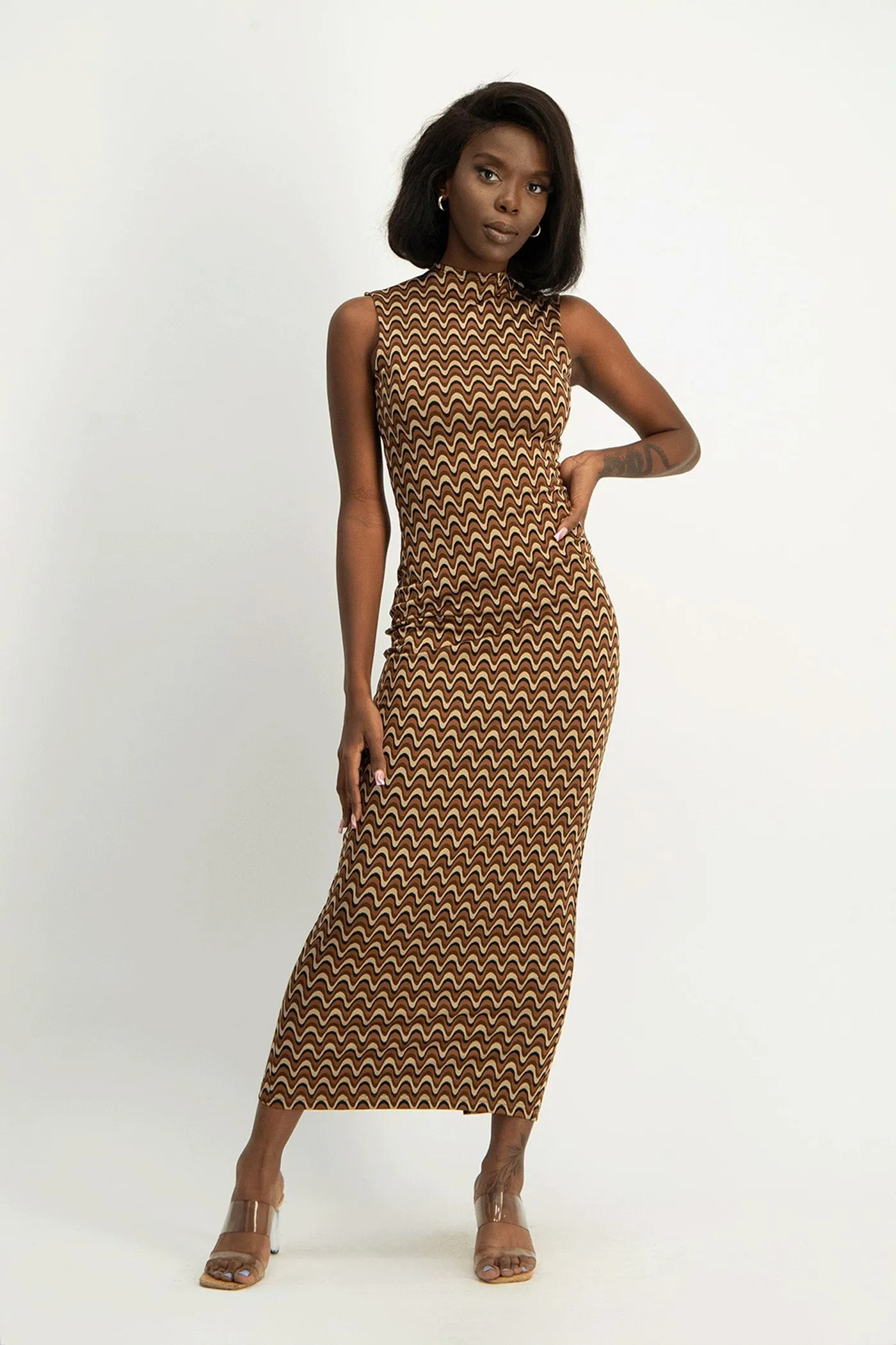 Erin High-Neck Bodycon Dress - Chocolate Wave