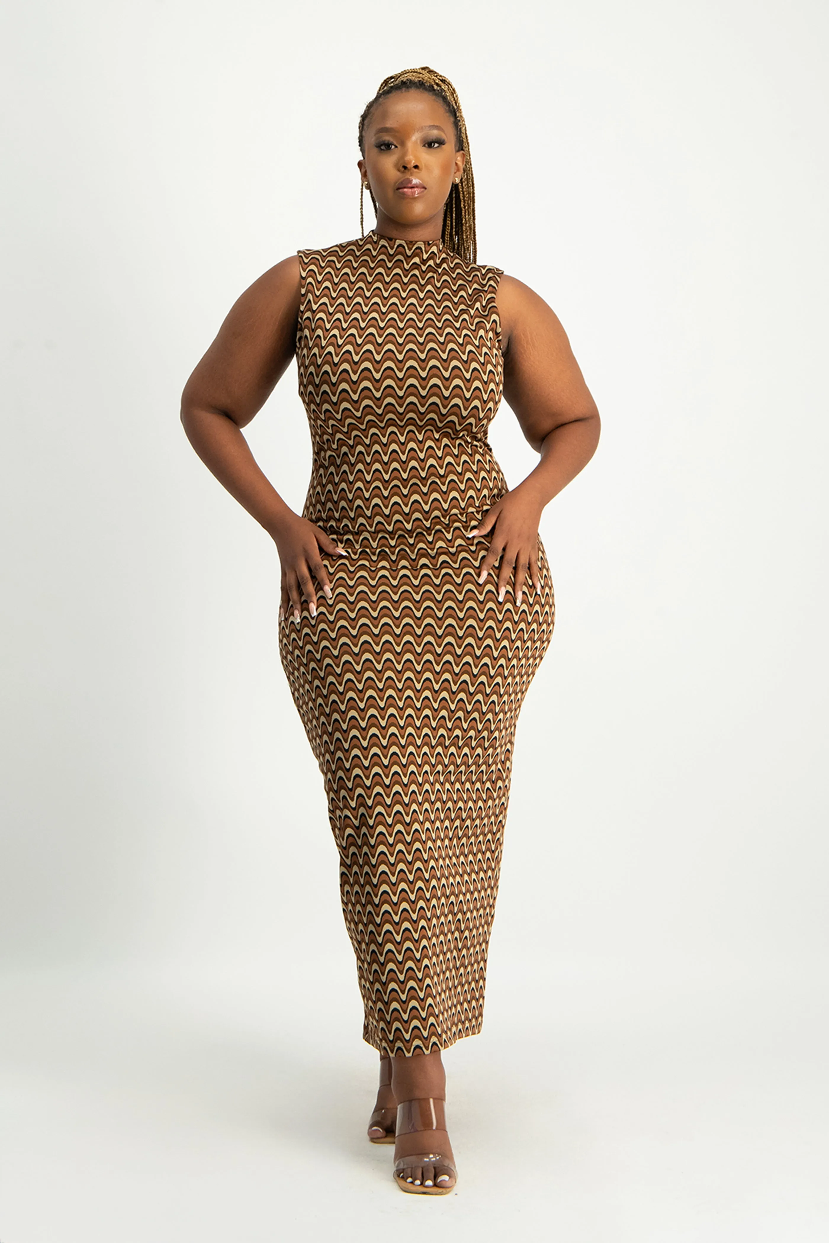 Erin High-Neck Bodycon Dress - Chocolate Wave