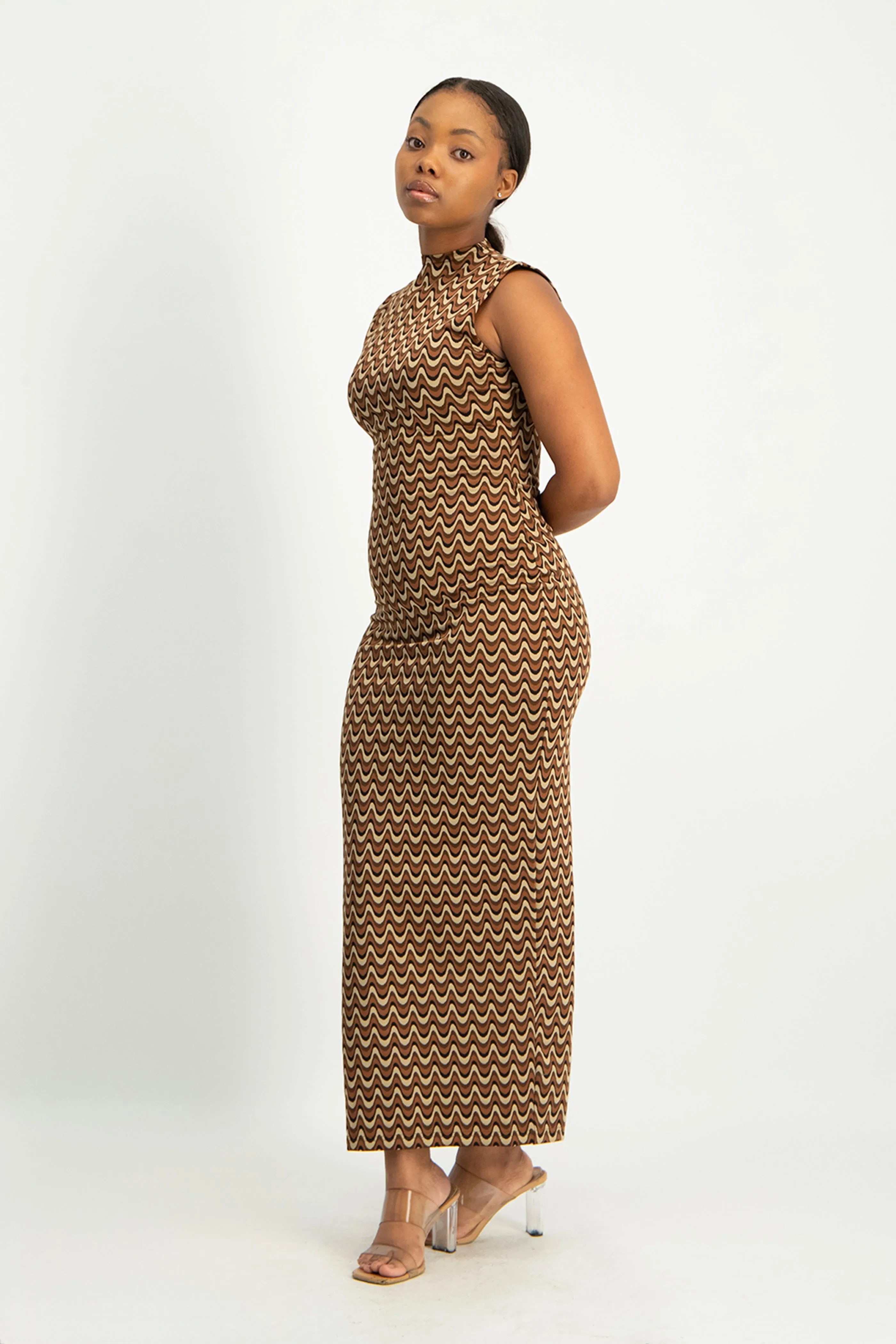 Erin High-Neck Bodycon Dress - Chocolate Wave