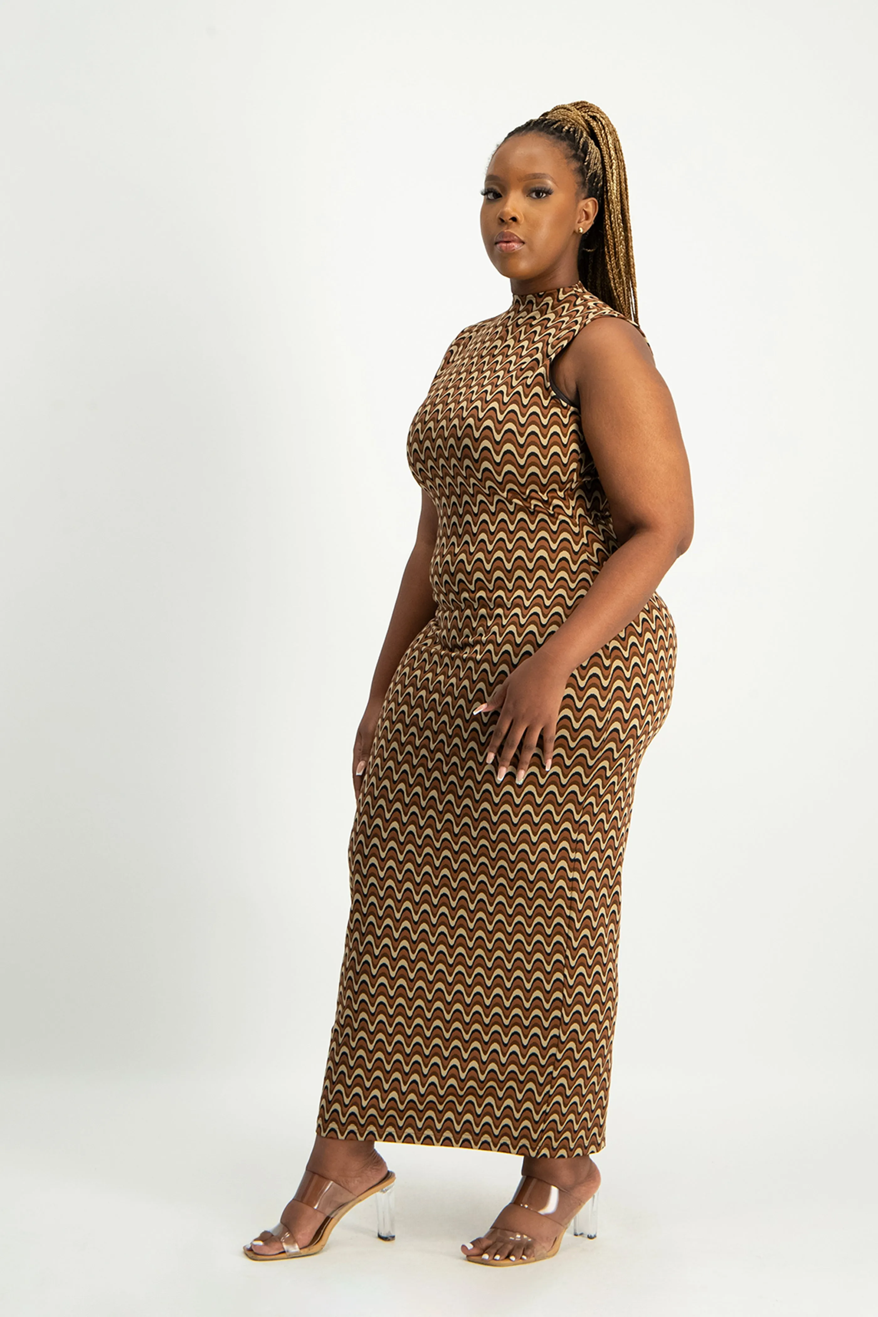 Erin High-Neck Bodycon Dress - Chocolate Wave