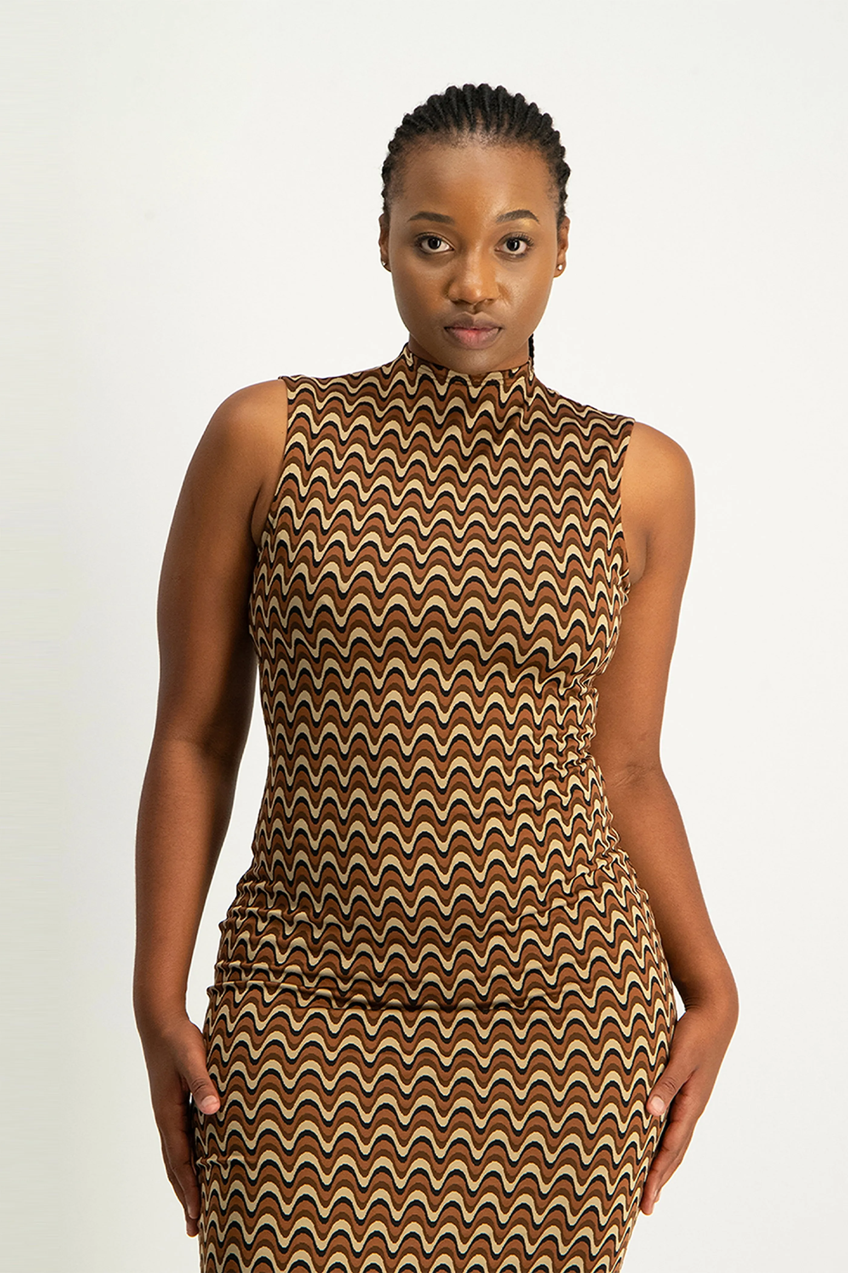 Erin High-Neck Bodycon Dress - Chocolate Wave