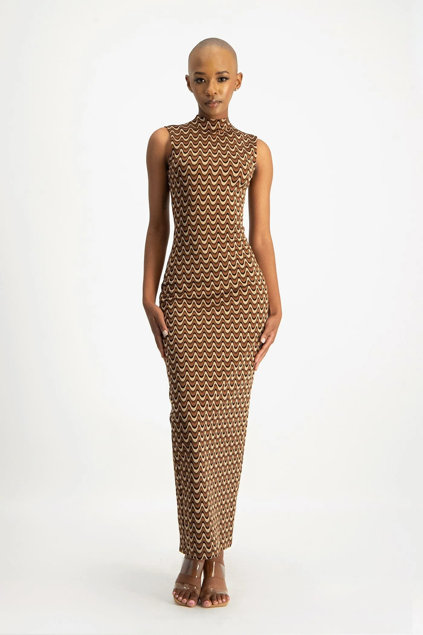 Erin High-Neck Bodycon Dress - Chocolate Wave
