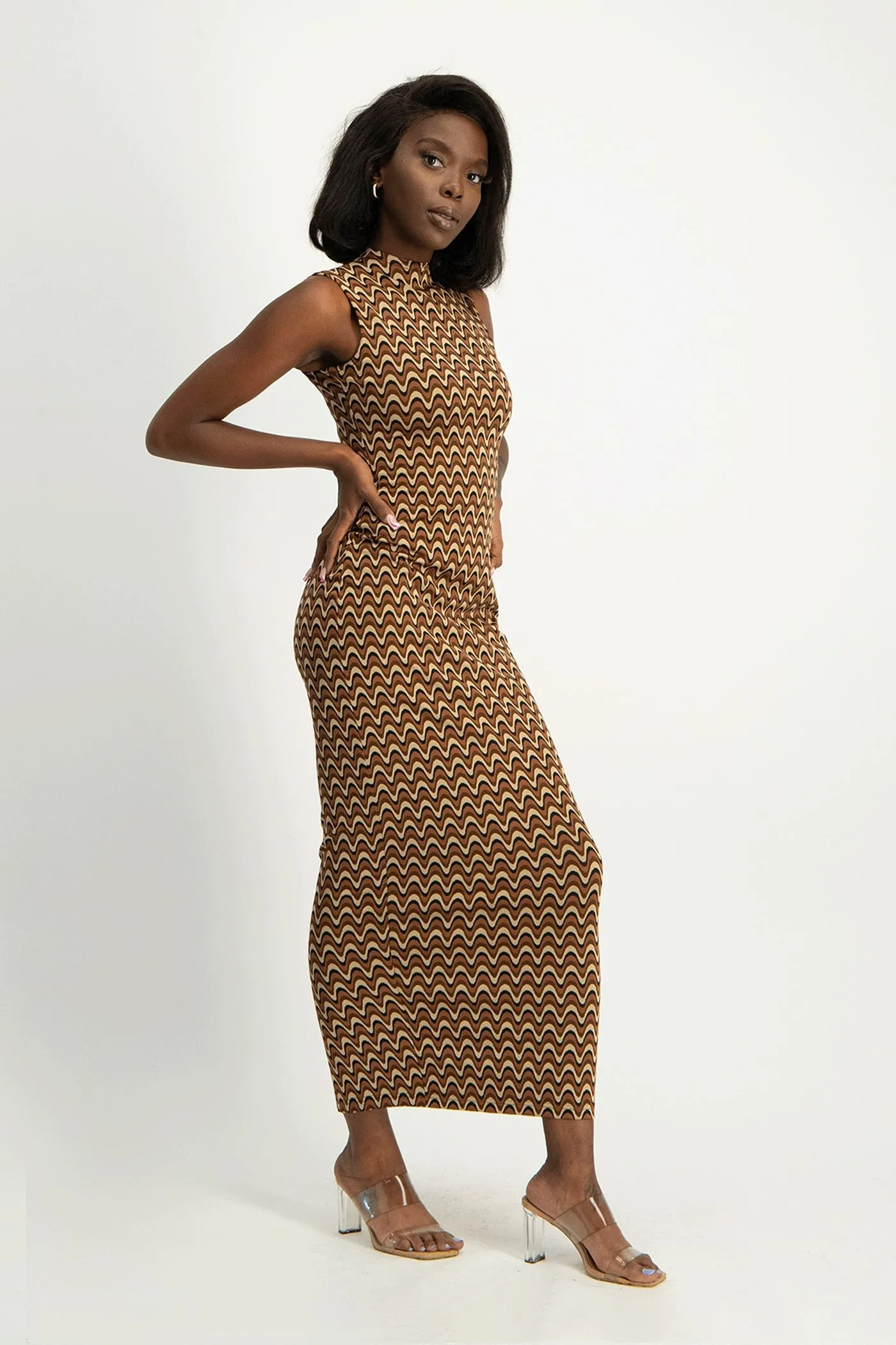 Erin High-Neck Bodycon Dress - Chocolate Wave