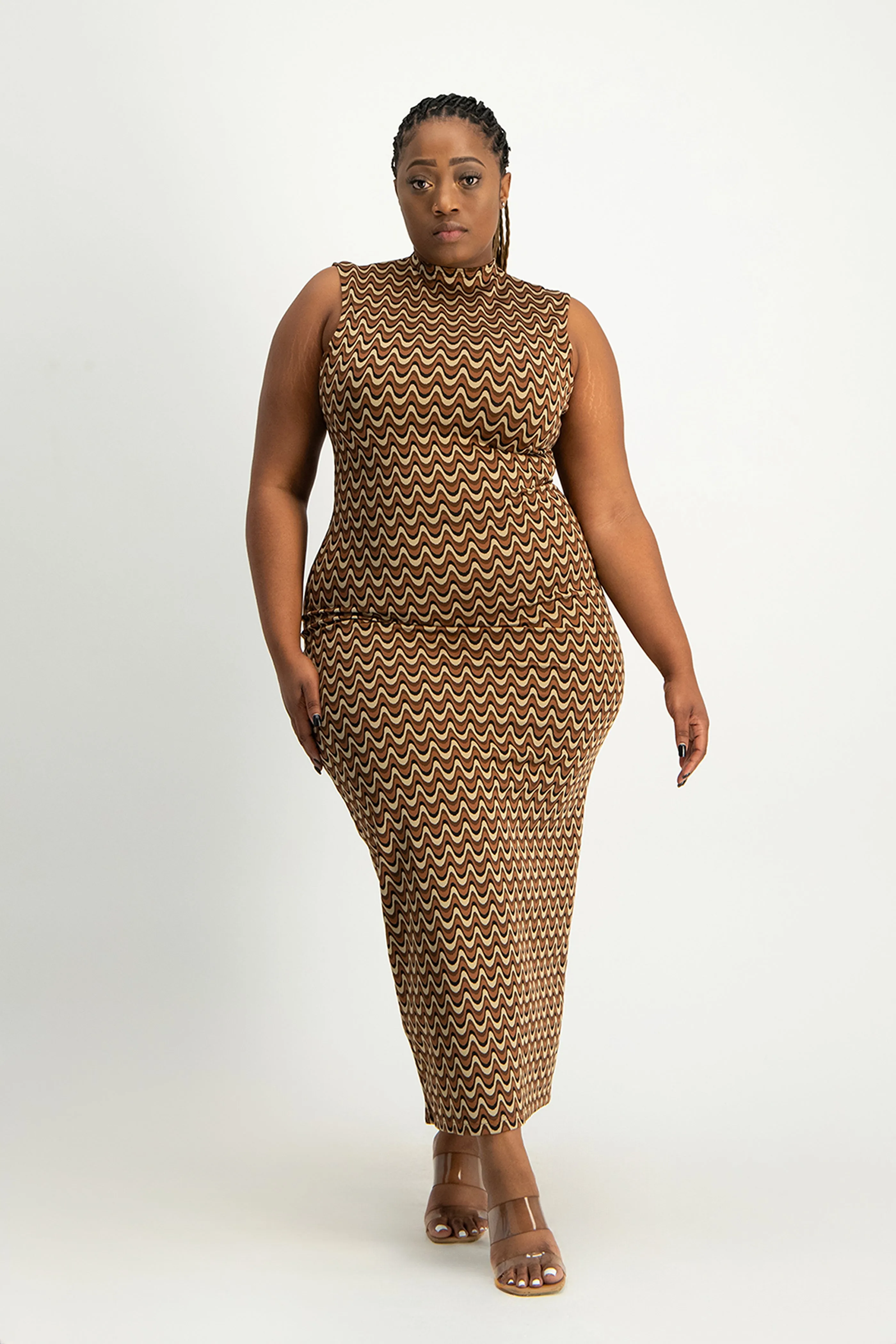 Erin High-Neck Bodycon Dress - Chocolate Wave