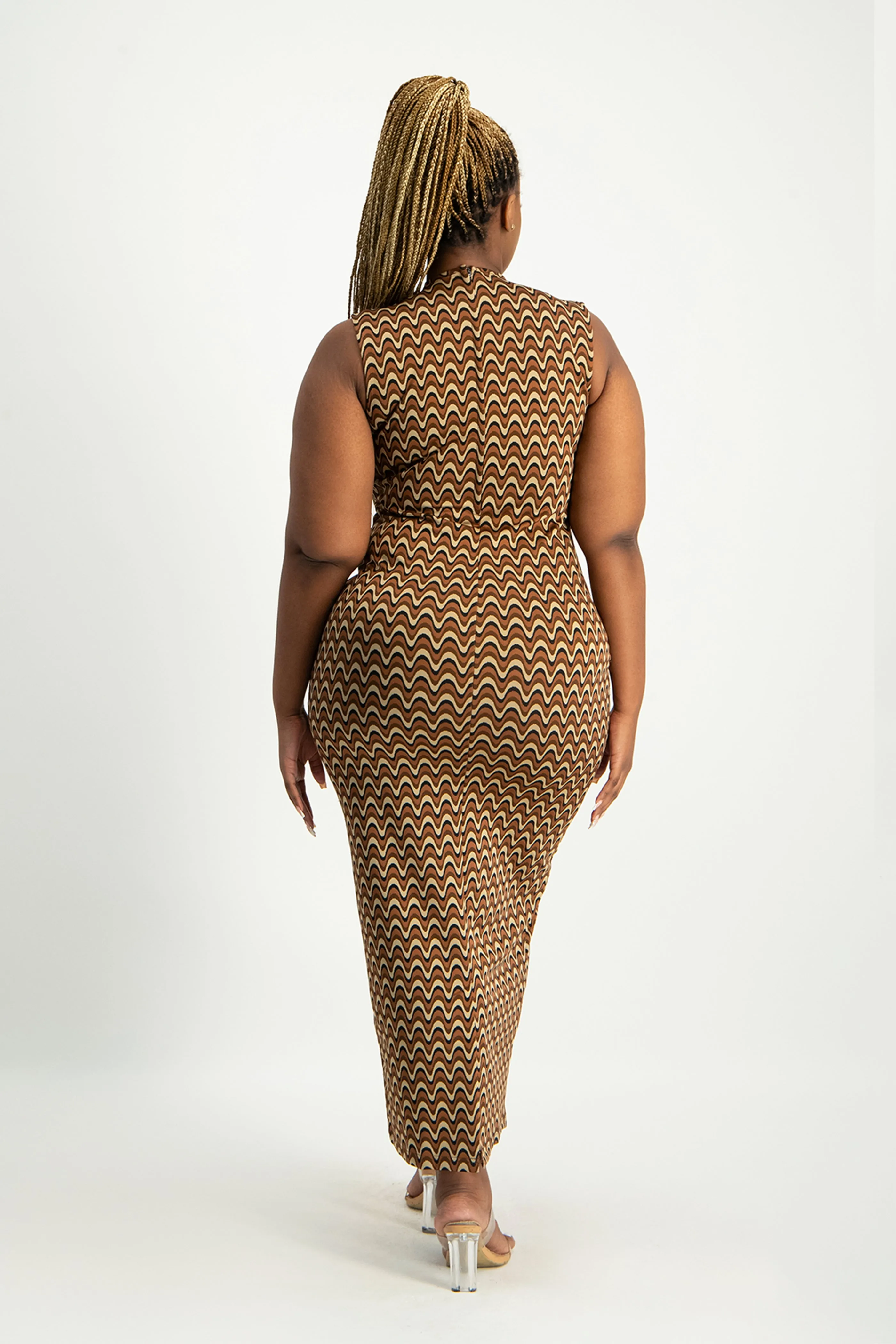 Erin High-Neck Bodycon Dress - Chocolate Wave