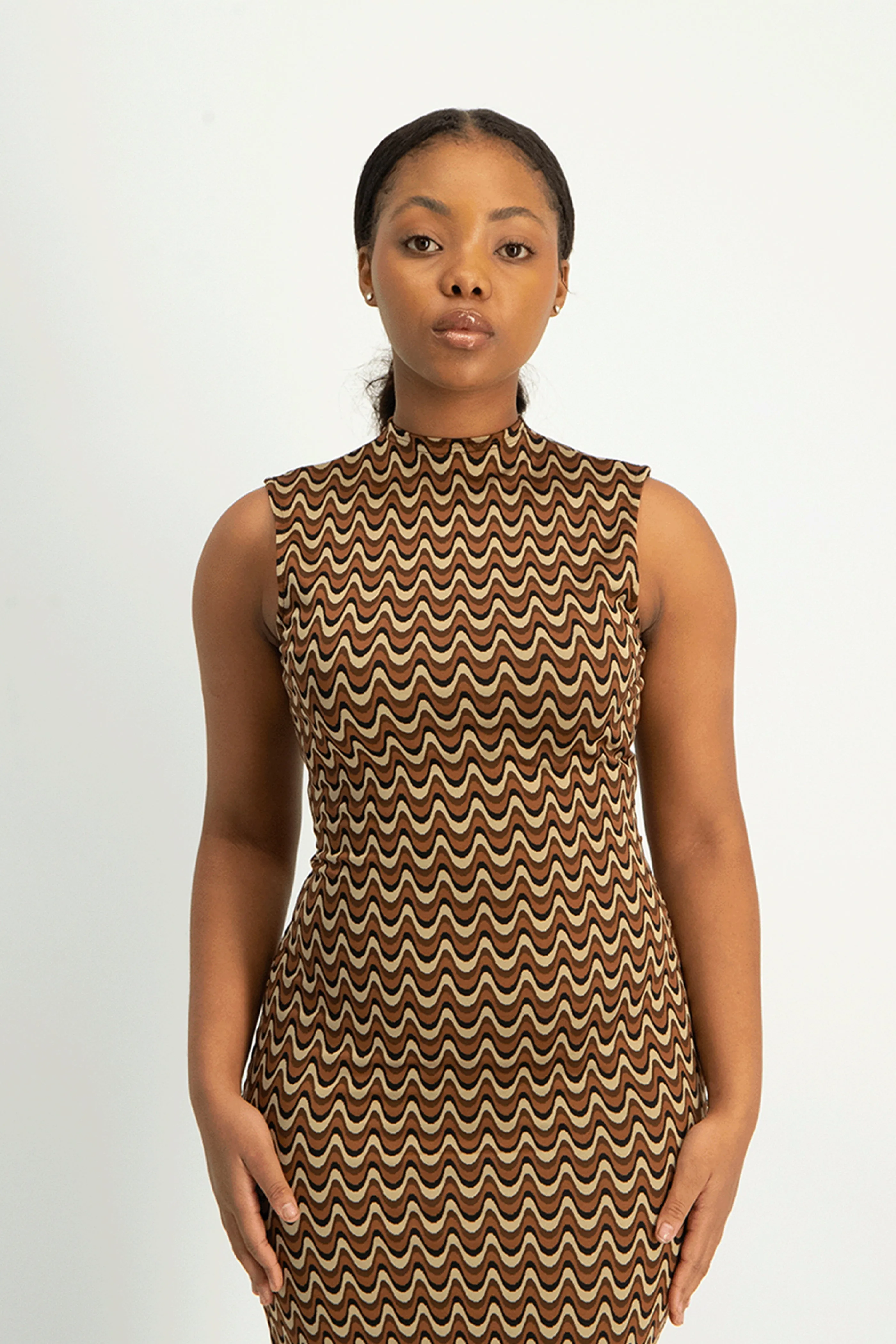 Erin High-Neck Bodycon Dress - Chocolate Wave
