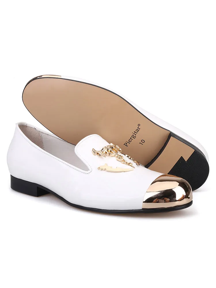 Handmade white wrinkled patent leather men's skull gold head loafers European and American big-name trendy slip-on low-cut shoes