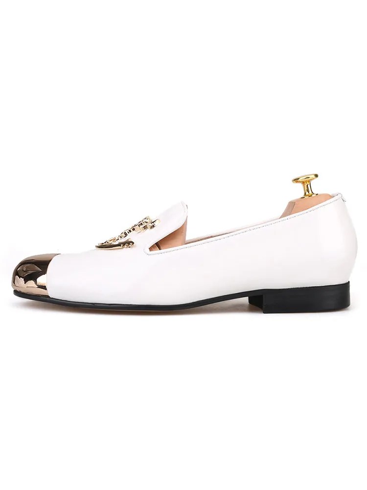 Handmade white wrinkled patent leather men's skull gold head loafers European and American big-name trendy slip-on low-cut shoes