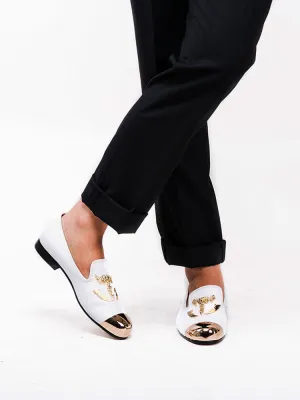 Handmade white wrinkled patent leather men's skull gold head loafers European and American big-name trendy slip-on low-cut shoes