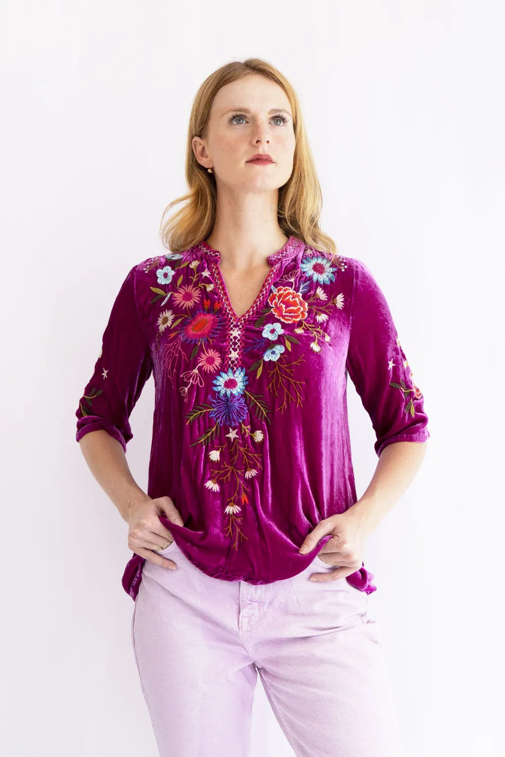 JOHNNY WAS ULLA VELVET EASY V-NECK BLOUSE