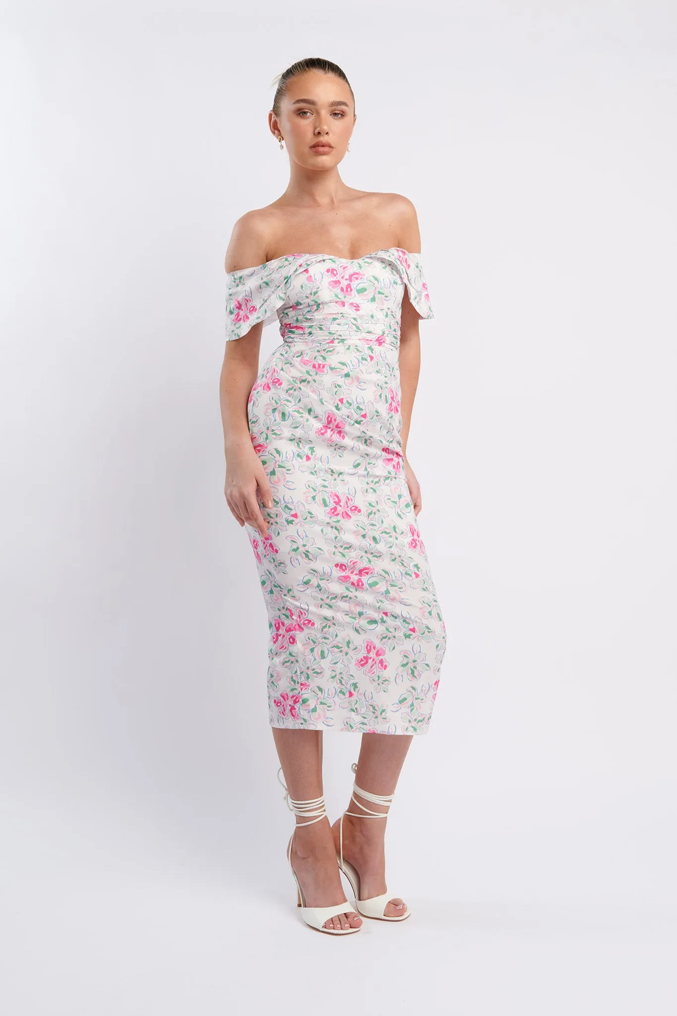 Lillianne Off-Shoulder Midi Dress Floral Pink