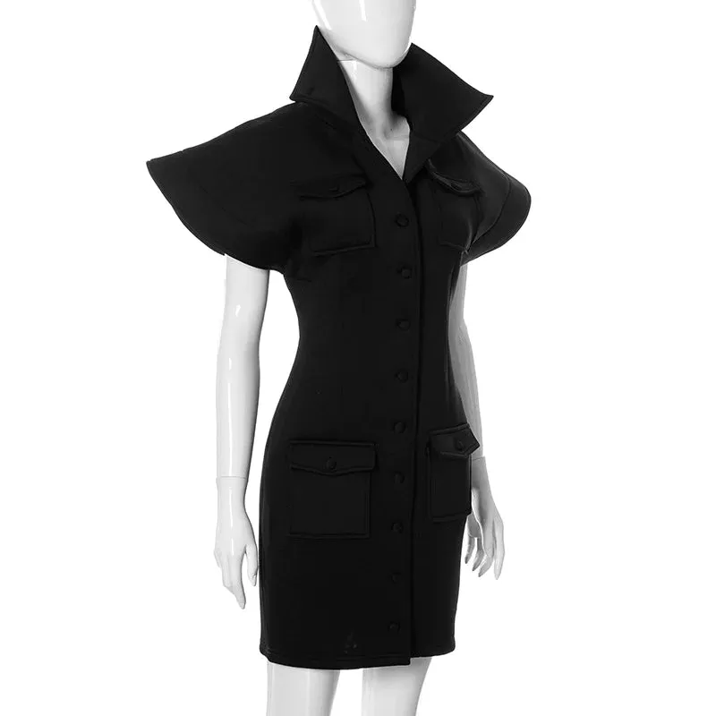 MB FASHION Structured Collared Mini Dress with Button-Down and Pocket Detail 497R