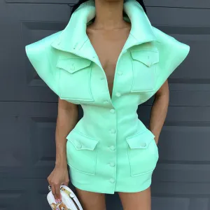 MB FASHION Structured Collared Mini Dress with Button-Down and Pocket Detail 497R