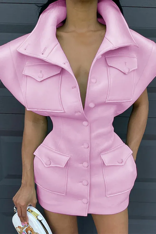 MB FASHION Structured Collared Mini Dress with Button-Down and Pocket Detail 497R