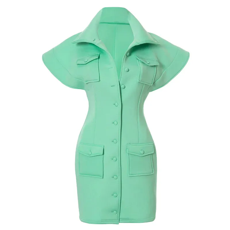MB FASHION Structured Collared Mini Dress with Button-Down and Pocket Detail 497R