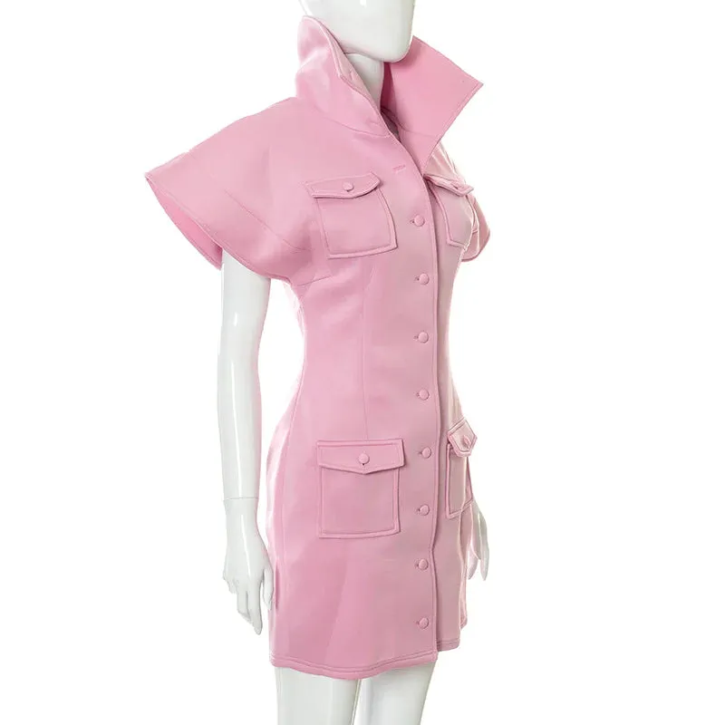 MB FASHION Structured Collared Mini Dress with Button-Down and Pocket Detail 497R