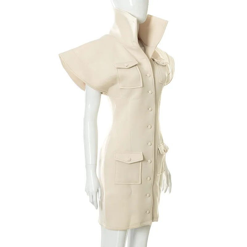 MB FASHION Structured Collared Mini Dress with Button-Down and Pocket Detail 497R