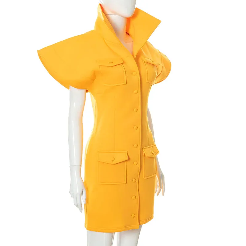 MB FASHION Structured Collared Mini Dress with Button-Down and Pocket Detail 497R