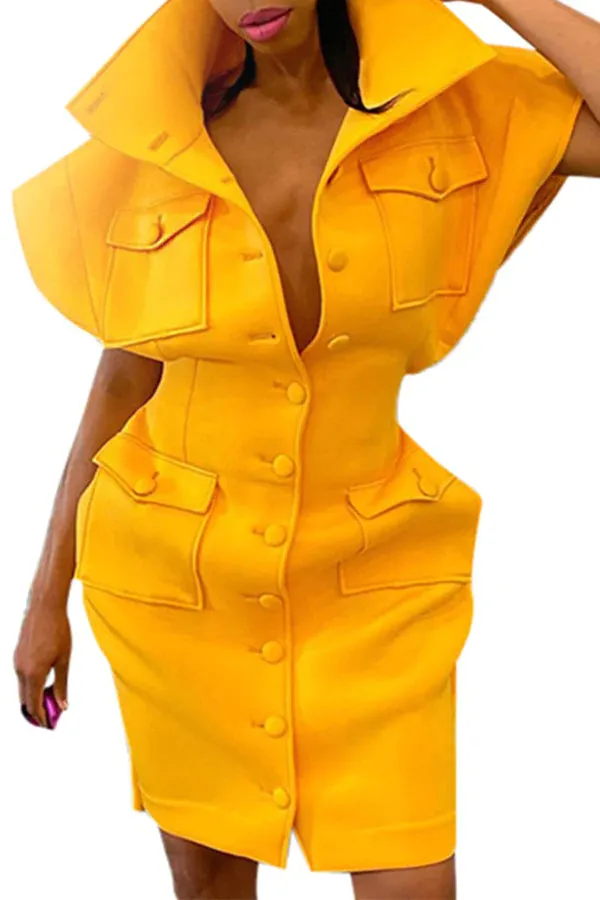 MB FASHION Structured Collared Mini Dress with Button-Down and Pocket Detail 497R