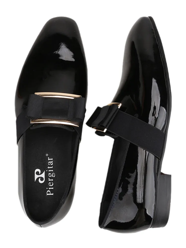 Spring and summer black patent leather square-toe loafers with metal buckle and bow slip-on smoking shoes, yuppie style