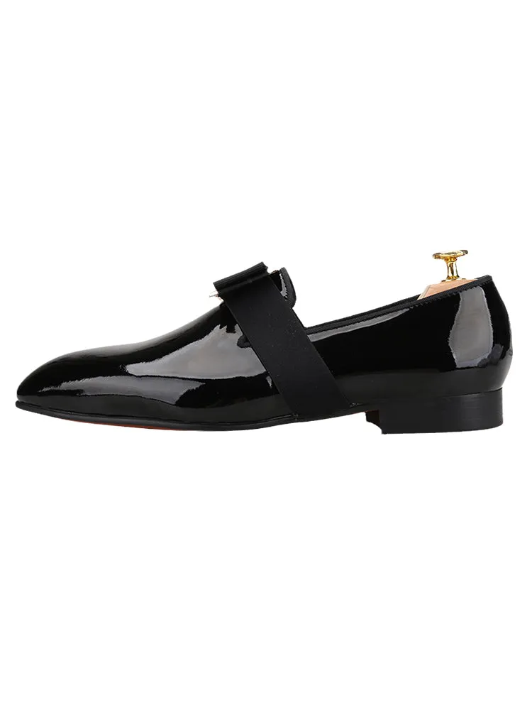 Spring and summer black patent leather square-toe loafers with metal buckle and bow slip-on smoking shoes, yuppie style