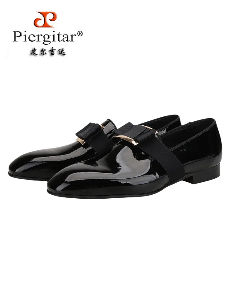 Spring and summer black patent leather square-toe loafers with metal buckle and bow slip-on smoking shoes, yuppie style