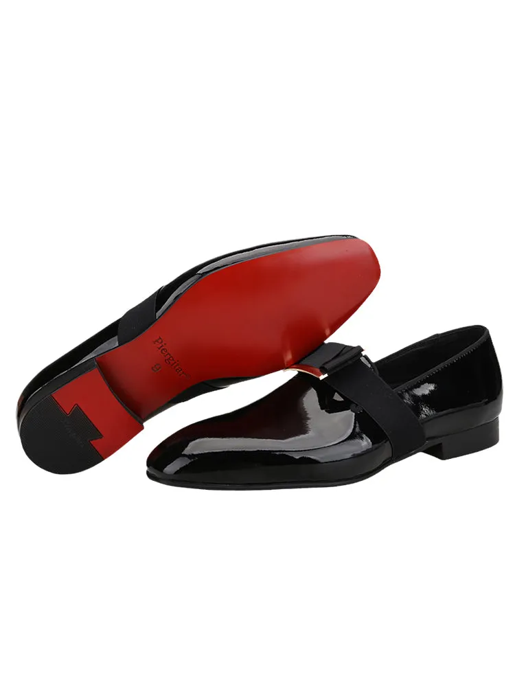 Spring and summer black patent leather square-toe loafers with metal buckle and bow slip-on smoking shoes, yuppie style