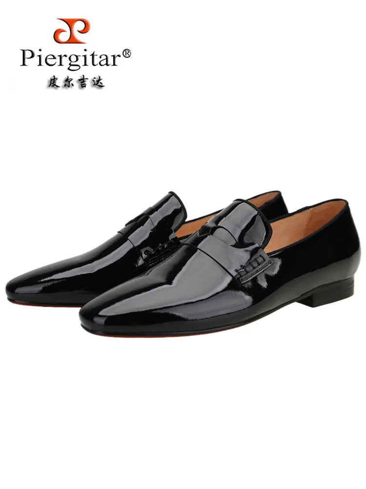 Summer new style European and American windmill line horizontal strap one-legged red-soled shoes black patent leather square-toe flat-heeled loafers for men