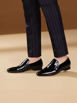 Summer new style European and American windmill line horizontal strap one-legged red-soled shoes black patent leather square-toe flat-heeled loafers for men