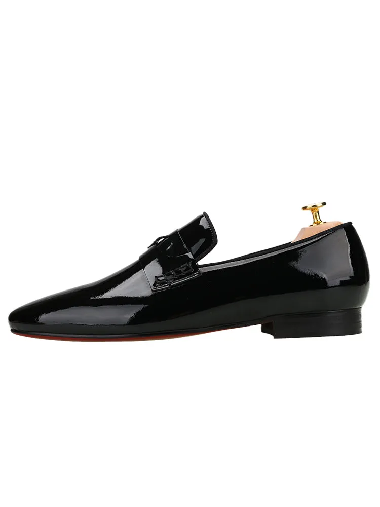 Summer new style European and American windmill line horizontal strap one-legged red-soled shoes black patent leather square-toe flat-heeled loafers for men