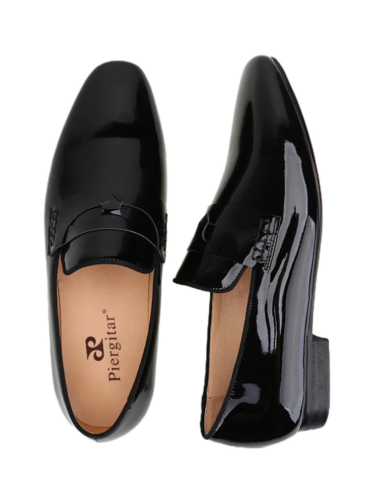 Summer new style European and American windmill line horizontal strap one-legged red-soled shoes black patent leather square-toe flat-heeled loafers for men