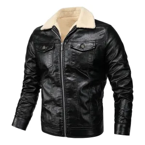 West Louis Fleece Collar Warm Biker Leather Jacket