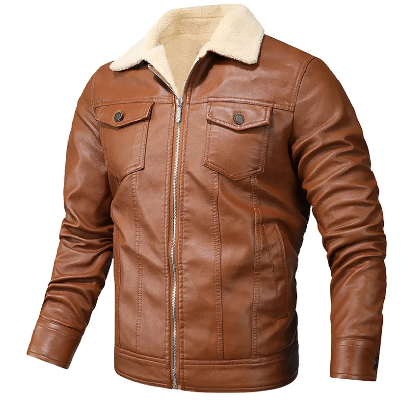 West Louis Fleece Collar Warm Biker Leather Jacket