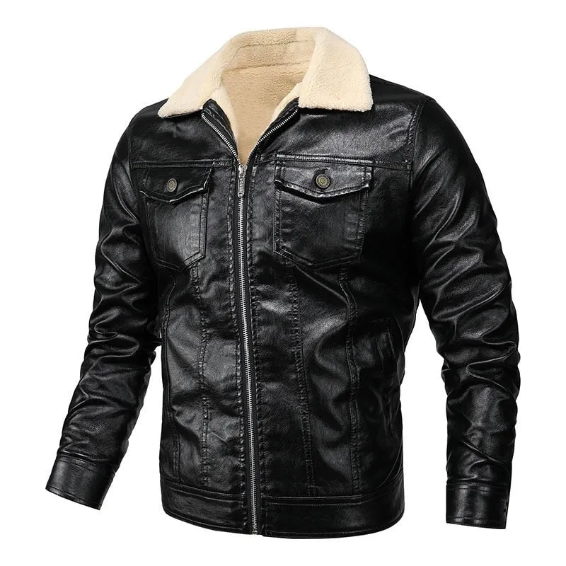 West Louis Fleece Collar Warm Biker Leather Jacket