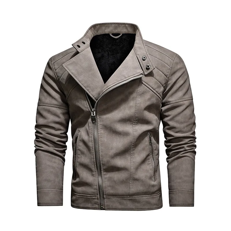 West Louis Fleece Warm Diagonal Zipper PU Jacket