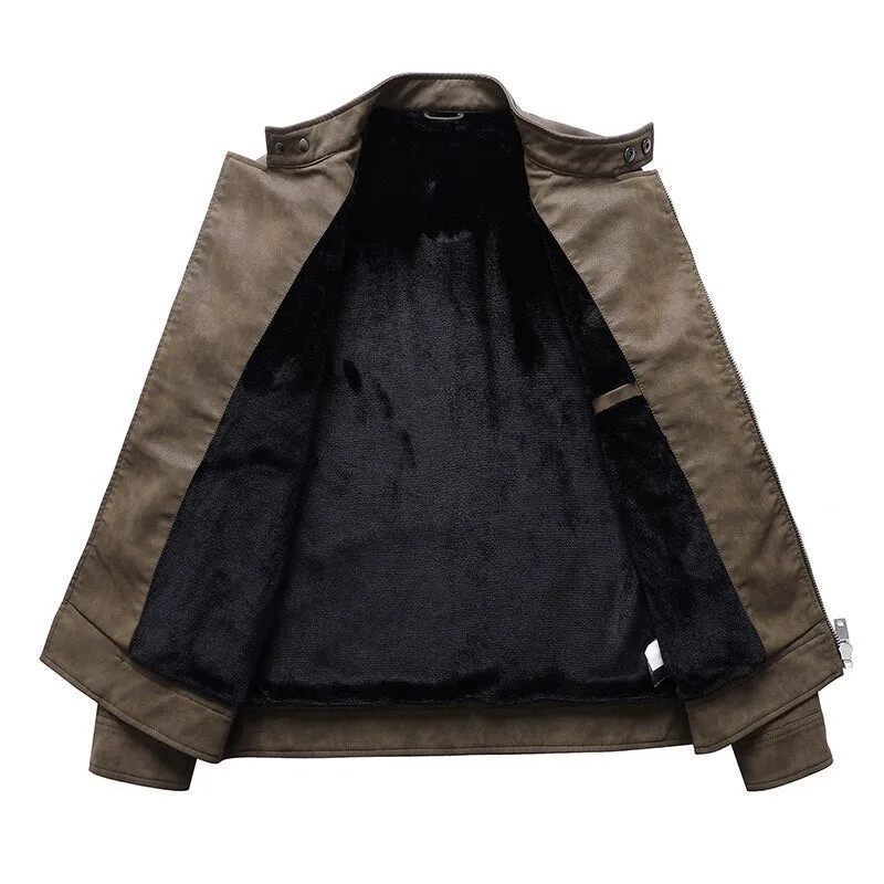 West Louis Fleece Warm Diagonal Zipper PU Jacket