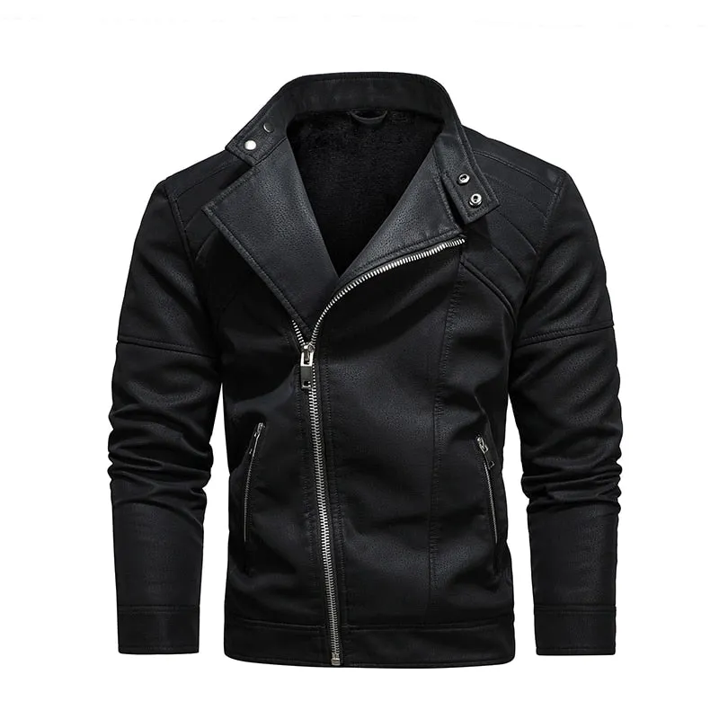 West Louis Fleece Warm Diagonal Zipper PU Jacket