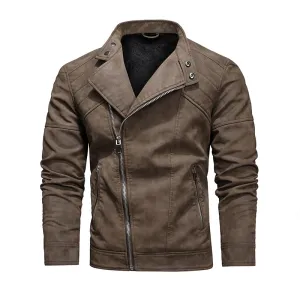 West Louis Fleece Warm Diagonal Zipper PU Jacket