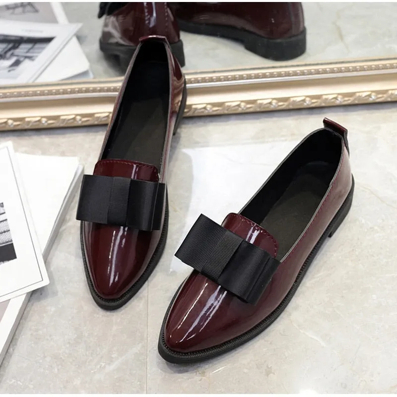Women Bowtie Patent Leather  Loafers