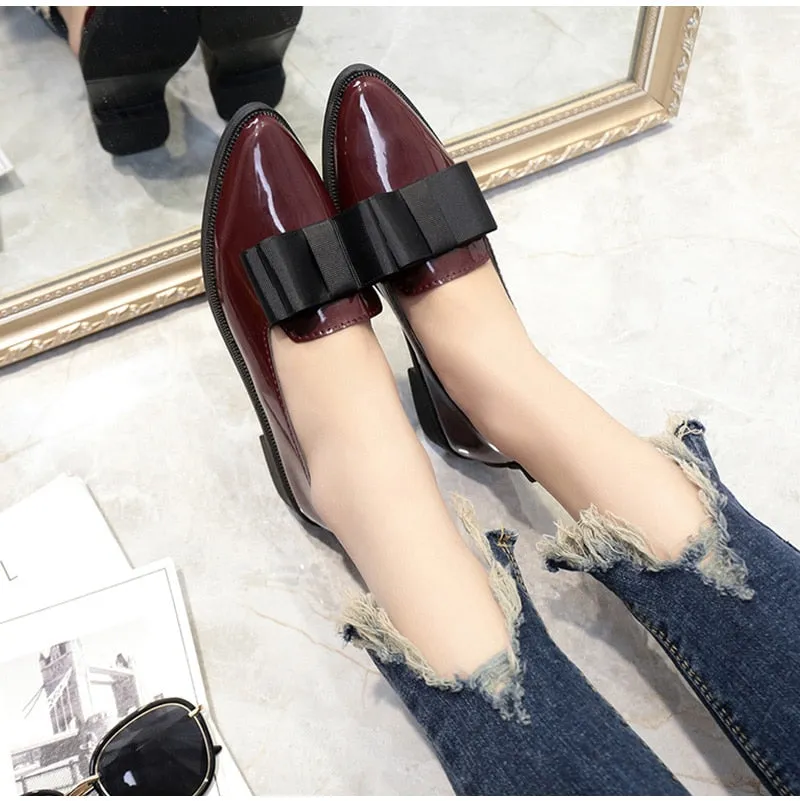 Women Bowtie Patent Leather  Loafers