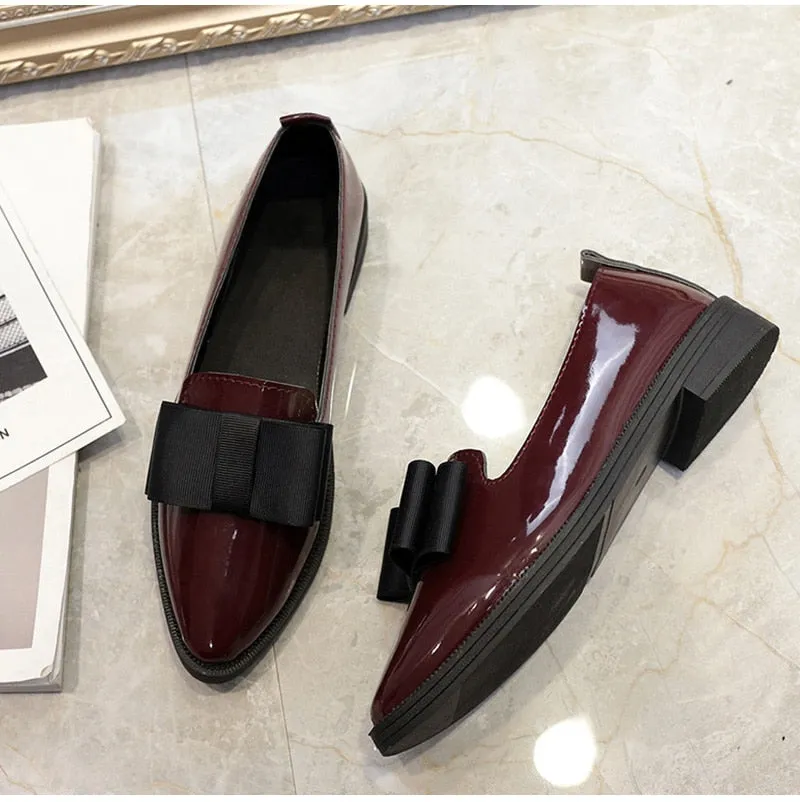 Women Bowtie Patent Leather  Loafers