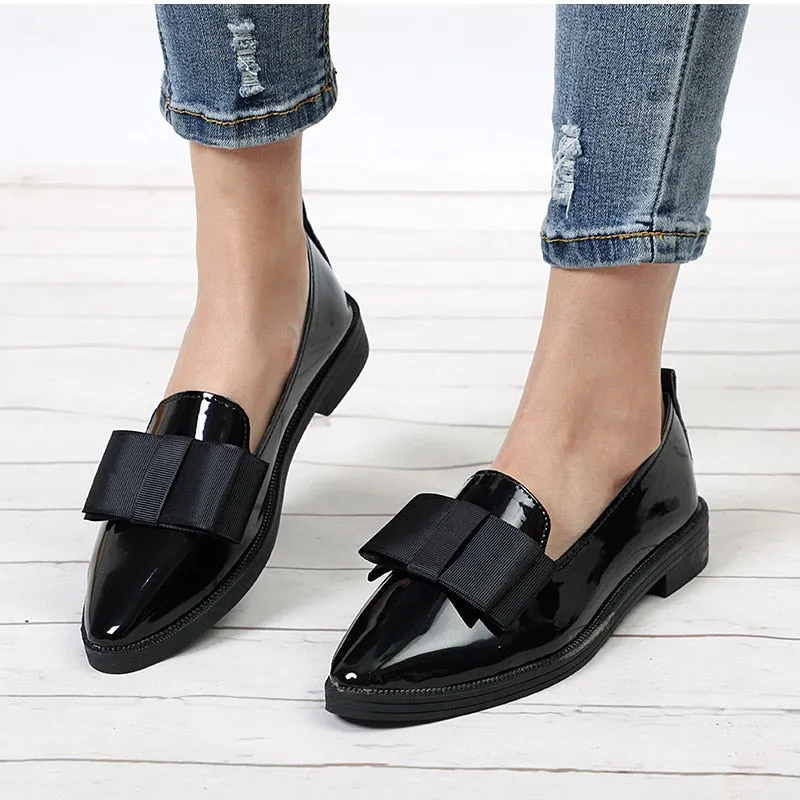 Women Bowtie Patent Leather  Loafers